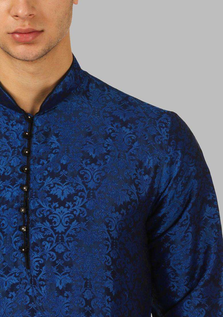 Blue Printed Silk Blend Kurta Set For Men - Indya