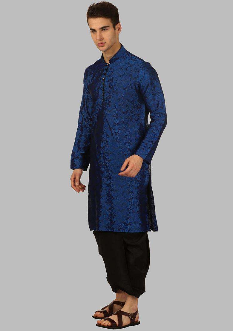 Blue Printed Silk Blend Kurta Set For Men - Indya