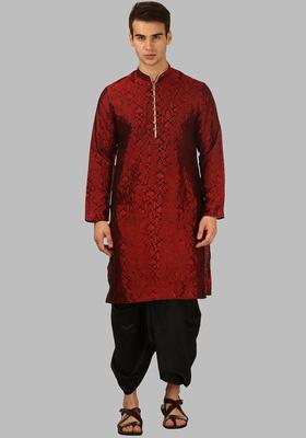 Red Printed Silk Kurta Set For Men
