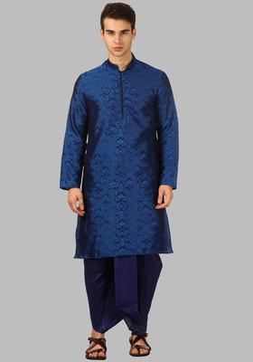 Blue Woven Design Silk Kurta Set For Men