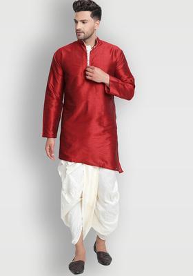 Red Solid Silk Kurta Set For Men