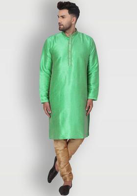 Green Solid Silk Kurta Set For Men