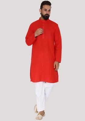Red Solid Cotton Kurta Set For Men