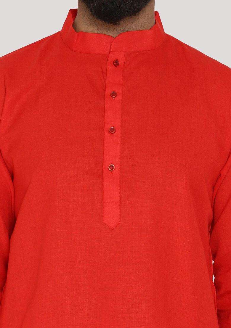 Red Solid Cotton Kurta Set For Men - Indya