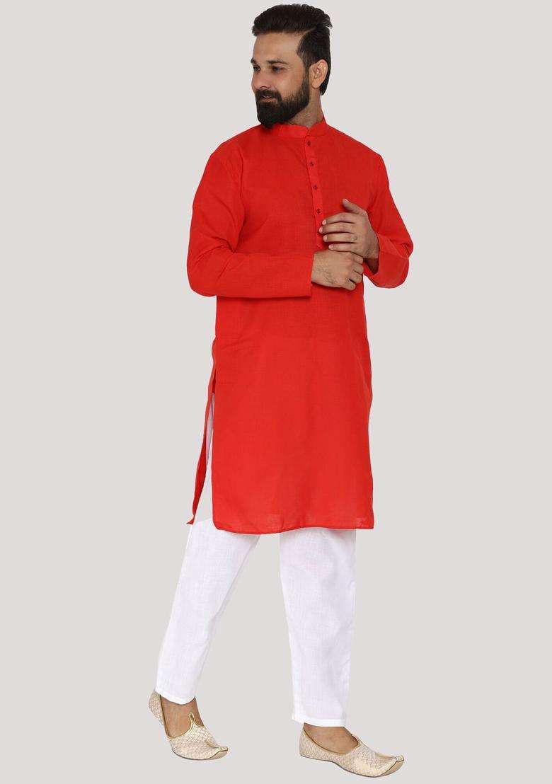 Red Solid Cotton Kurta Set For Men - Indya