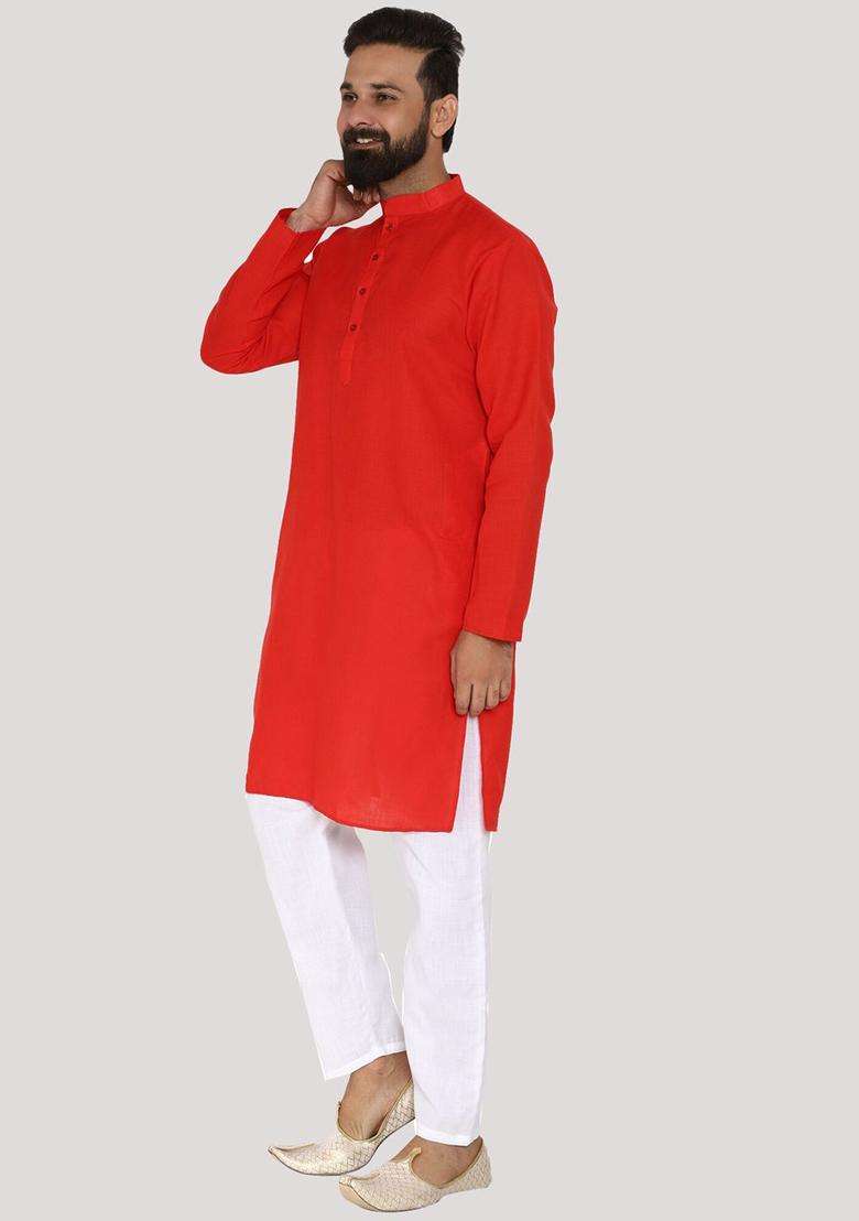 Red Solid Cotton Kurta Set For Men - Indya