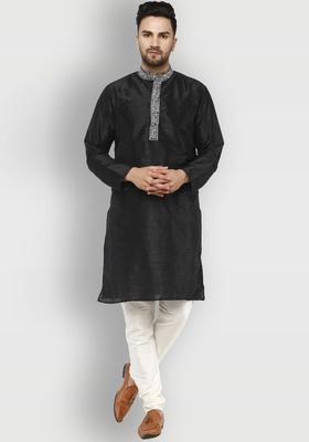 Black Embroidered Silk Kurta Set For Men