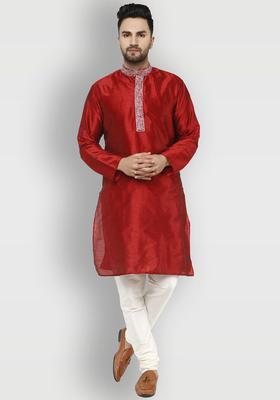Red Solid Silk Kurta Set For Men