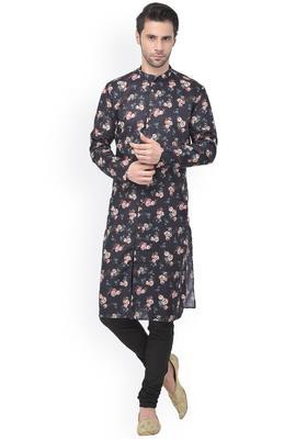 Black Printed Cotton Kurta Set For Men