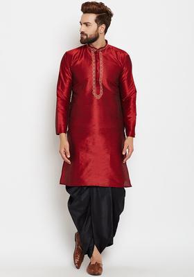 Maroon Embroidered Silk Kurta Set For Men