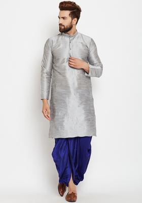 Silver Solid Silk Kurta Set For Men