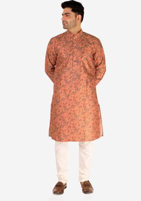 Pink Printed Silk Kurta Set For Men