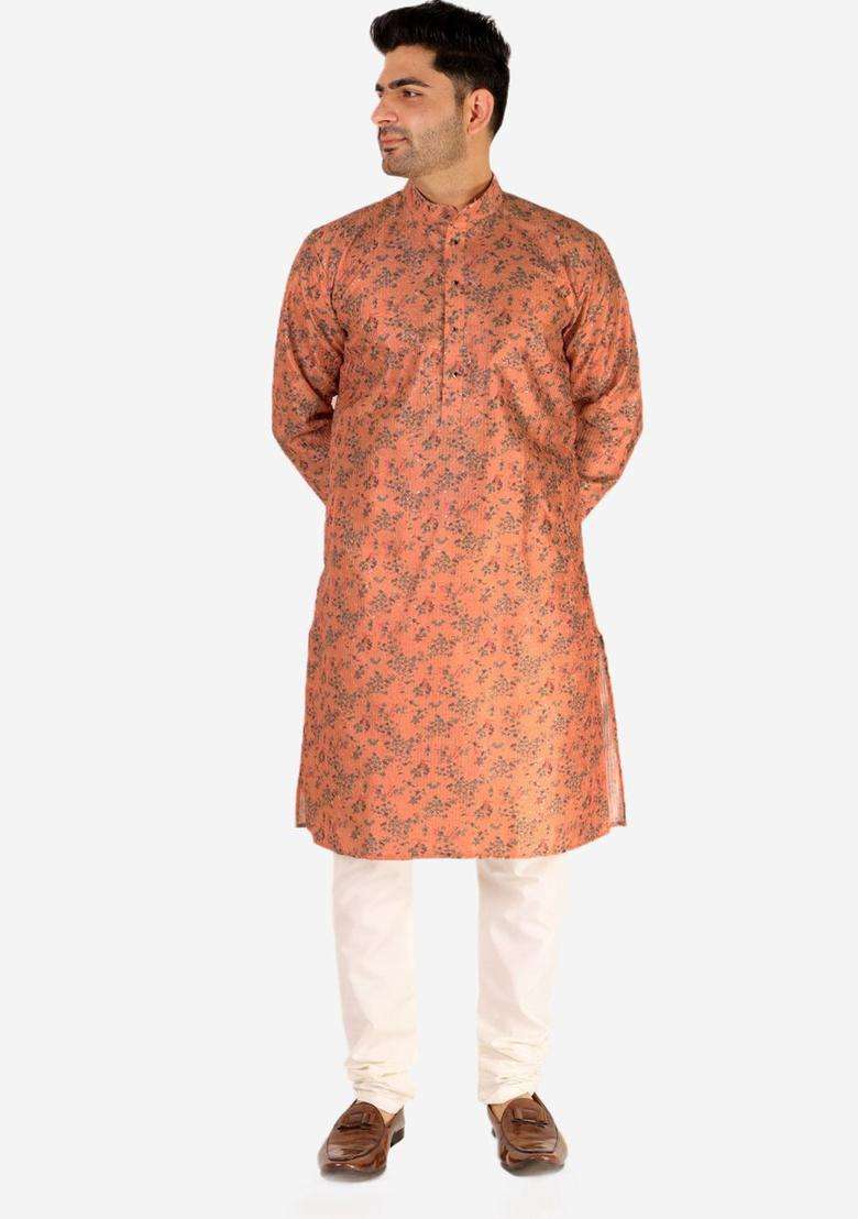 Pink Printed Silk Blend Kurta Set For Men - Indya