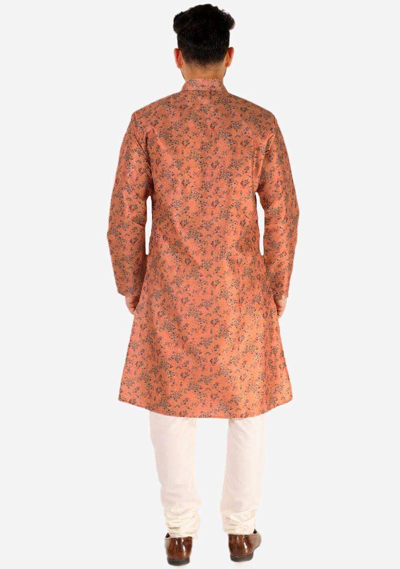 Pink Printed Silk Blend Kurta Set For Men - Indya