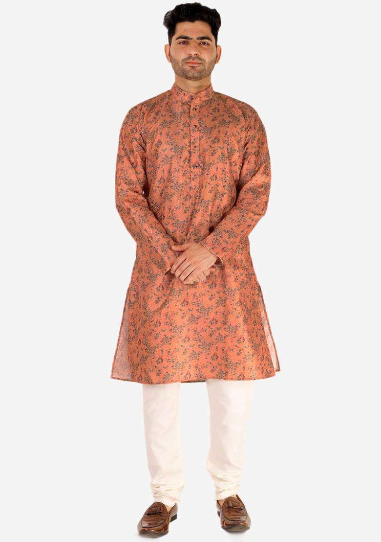 Pink Printed Silk Blend Kurta Set For Men - Indya