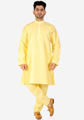 Yellow Solid Silk Kurta Set For Men