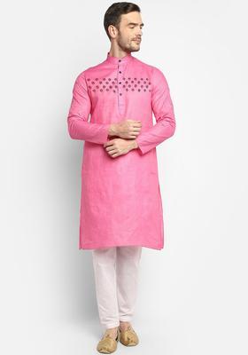 Pink Yoke Design Cotton Kurta Set For Men