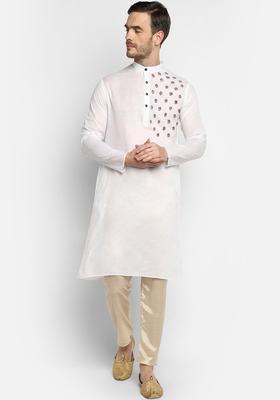 White Embroidered Cotton Kurta Set For Men