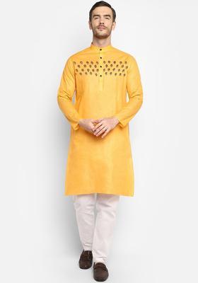 Mustard Yoke Design Cotton Kurta Set For Men