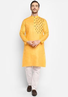 Mustard Yoke Design Cotton Kurta Set For Men