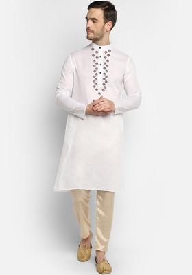 White Yoke Design Cotton Kurta Set For Men