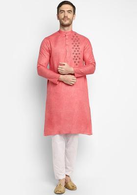 Peach Yoke Design Cotton Kurta Set For Men