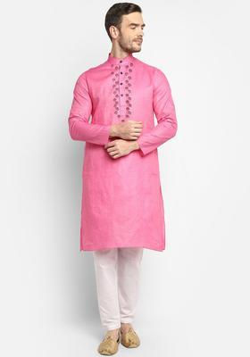 Pink Yoke Design Cotton Kurta Set For Men