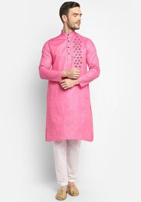 Pink Yoke Design Cotton Kurta Set For Men