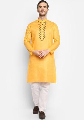 Mustard Yoke Design Cotton Kurta Set For Men