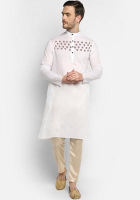 White Embroidered Cotton Kurta Set For Men