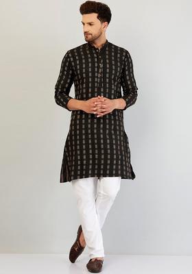 Black Woven Design Cotton Kurta Set For Men