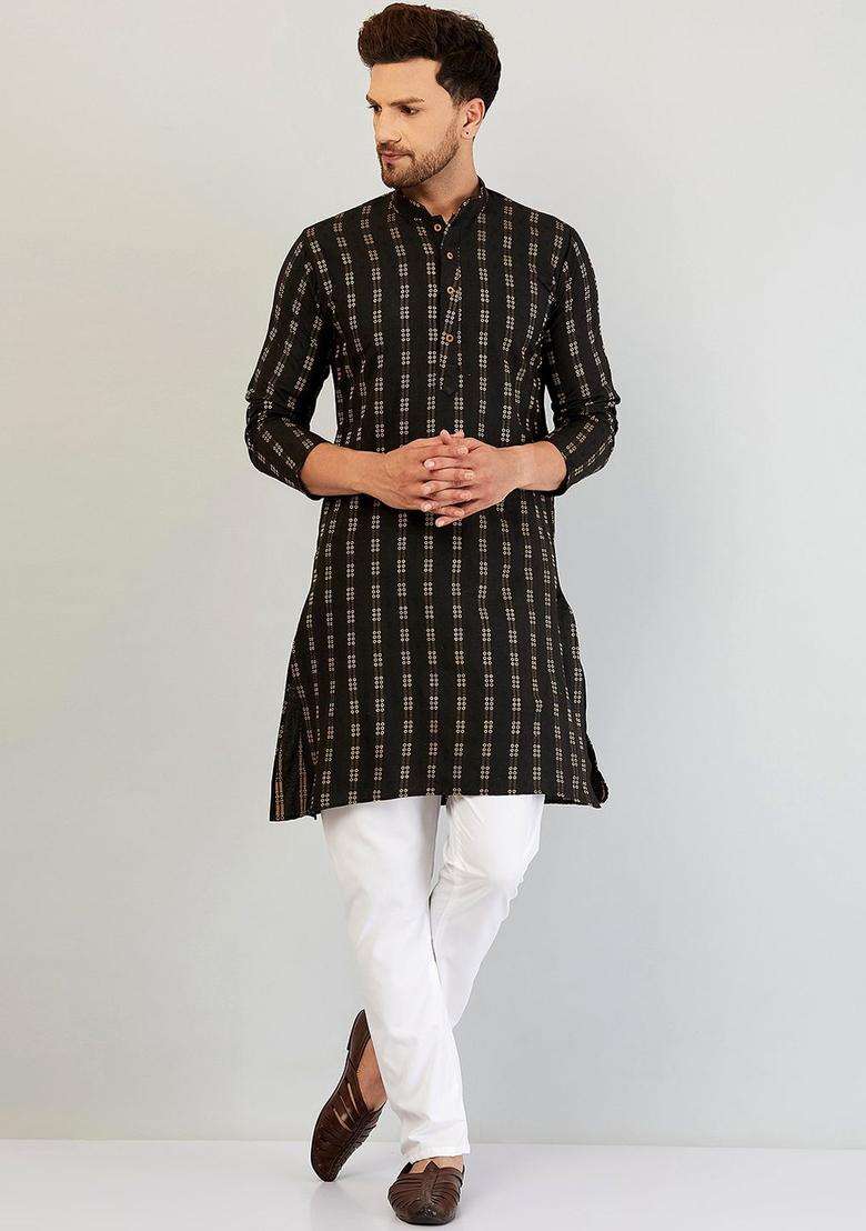 Black Woven Design Cotton Kurta Set For Men - Indya
