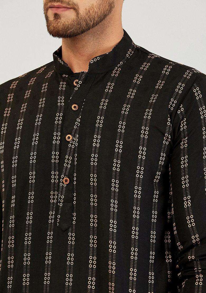 Black Woven Design Cotton Kurta Set For Men - Indya