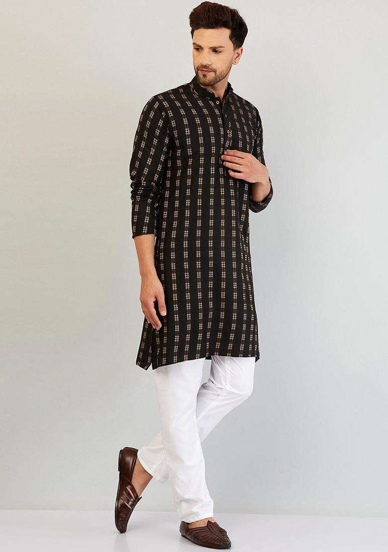 Black Woven Design Cotton Kurta Set For Men - Indya