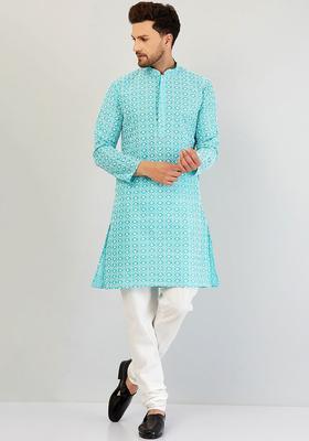 Blue Embroidered Silk Kurta Set For Men