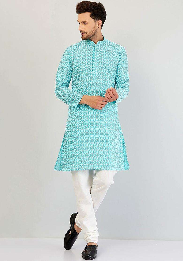 Blue Embroidered Silk Kurta Set For Men - Indya