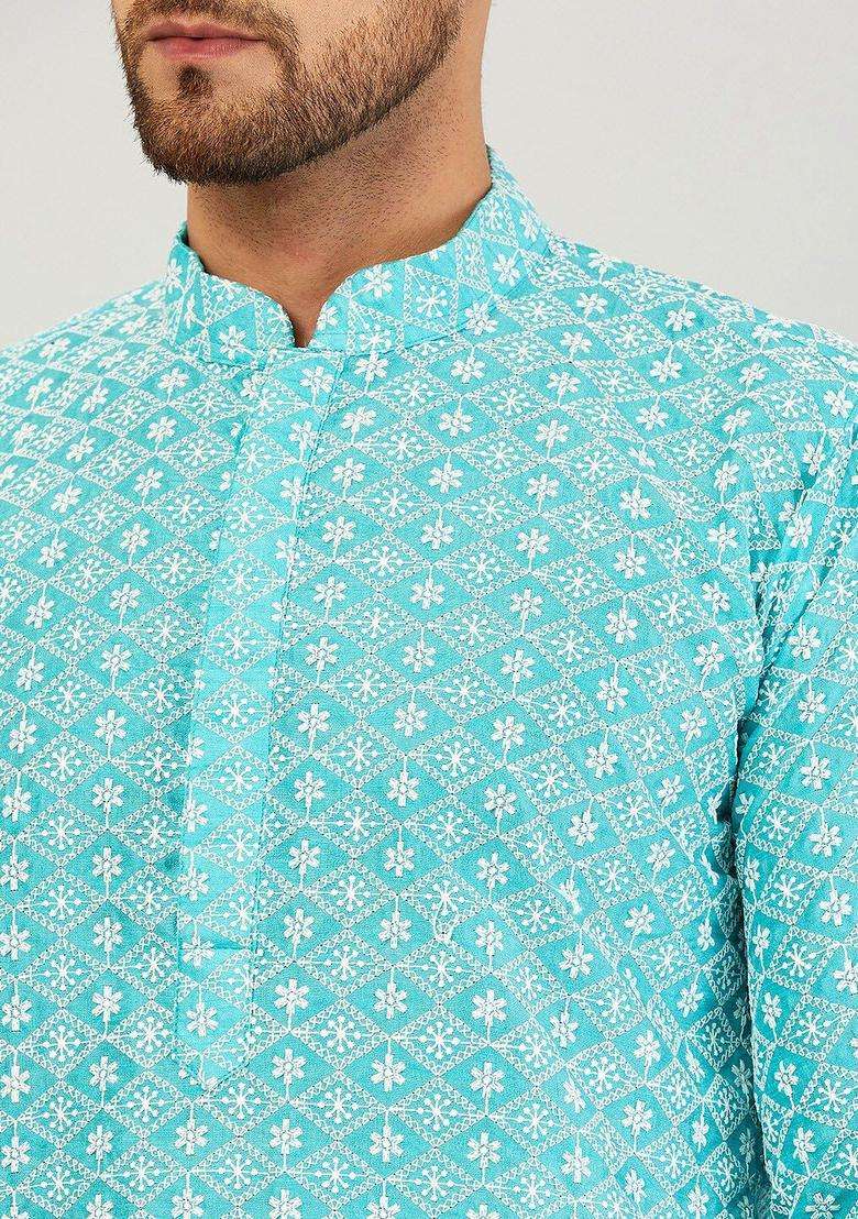 Blue Embroidered Silk Kurta Set For Men - Indya