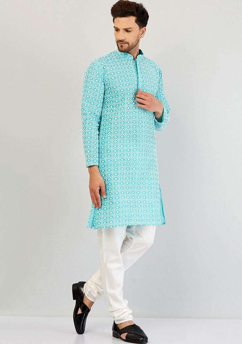 Blue Embroidered Silk Kurta Set For Men - Indya