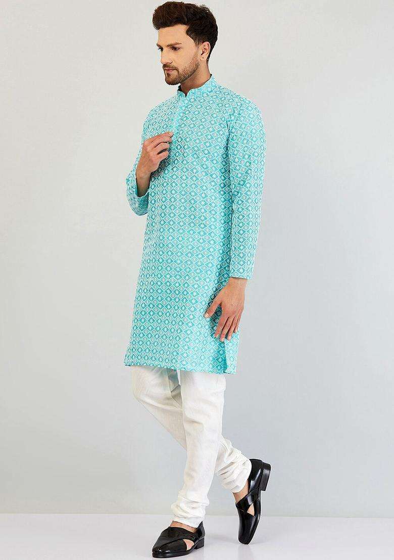 Blue Embroidered Silk Kurta Set For Men - Indya