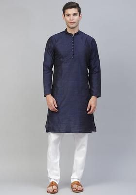 Navy Blue Woven Design Silk Kurta Set For Men