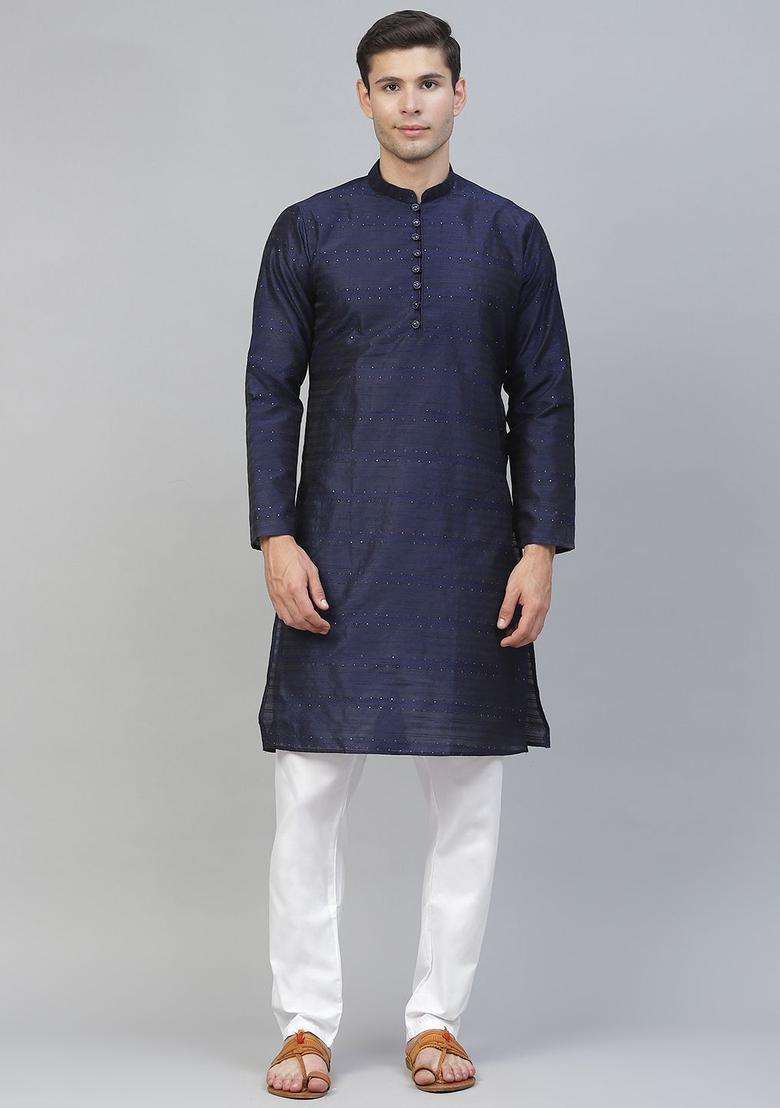 Navy Blue Woven Design Silk Blend Kurta Set For Men - Indya