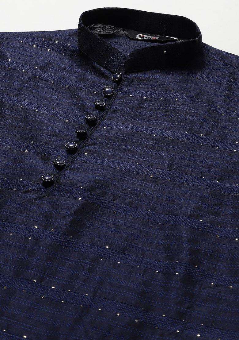 Navy Blue Woven Design Silk Blend Kurta Set For Men - Indya