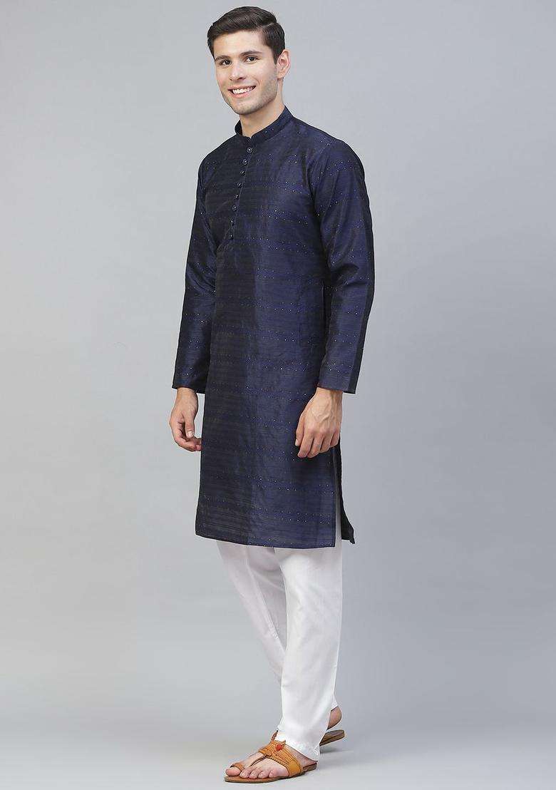 Navy Blue Woven Design Silk Blend Kurta Set For Men - Indya