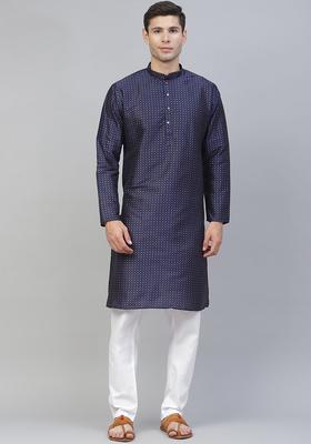 Navy Blue Printed Silk Kurta Set For Men