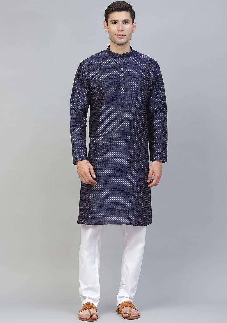 Navy Blue Printed Silk Blend Kurta Set For Men - Indya