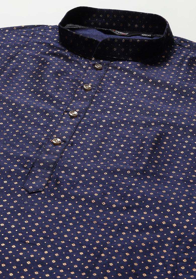 Navy Blue Printed Silk Blend Kurta Set For Men - Indya