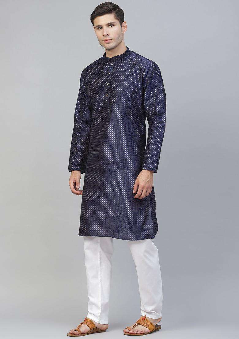 Navy Blue Printed Silk Blend Kurta Set For Men - Indya