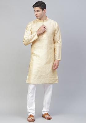 Beige Woven Design Silk Kurta Set For Men