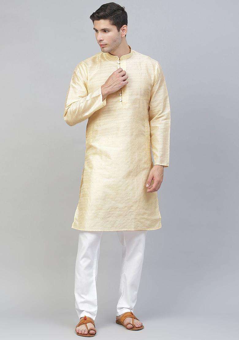 Beige Woven Design Silk Blend Kurta Set For Men - Indya