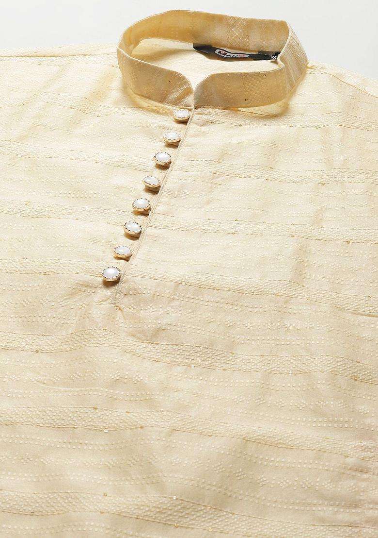 Beige Woven Design Silk Blend Kurta Set For Men - Indya